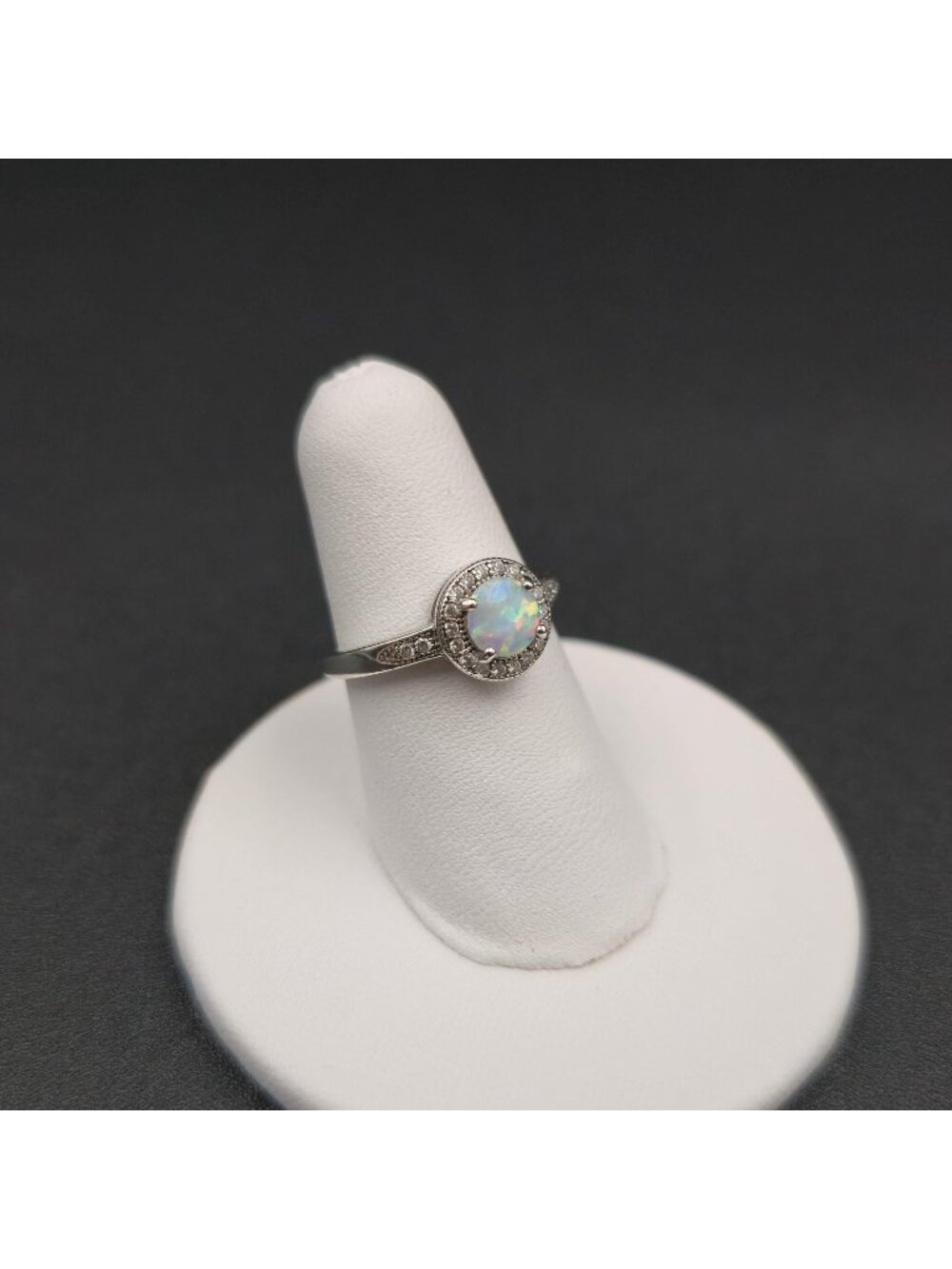 Size 5 Sterling Silver Round White Opal Halo Ring with Cubic Zirconia Ring A7487 - Picture 3 of 9